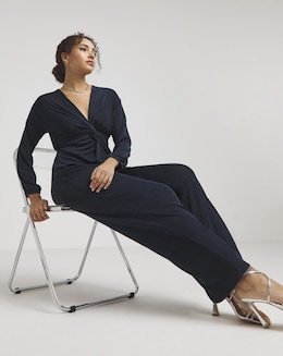 Navy Slinky Knot Front Wide Leg Jumpsuit