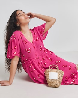 Pink Floral Crinkle Button Through Maxi Dress With Pockets