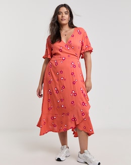 Orange Floral Print Crinkle Wrap Midi Dress