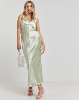 Sage Satin Cami Slip Dress
