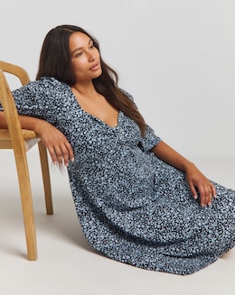 Black Print Supersoft Knot Front Skater Dress
