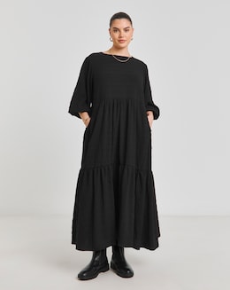 Black Textured Tiered Midi Dress With Pockets