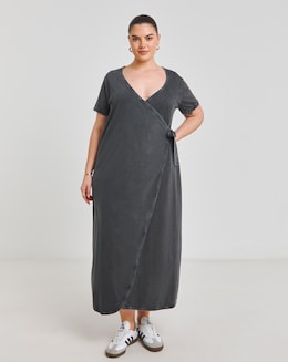 Acid Wash Cotton Jersey Short Sleeve Midi Dress