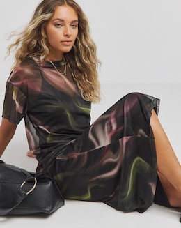 Multi Blurred Printed Mesh T-Shirt Dress