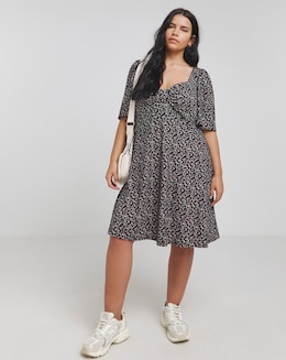Ditsy Print Supersoft Knot Front Skater Dress