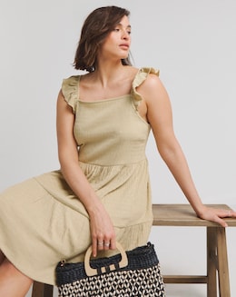 Textured Jersey Tiered Smock Dress With Frill Strap