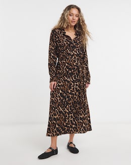 Leopard Printed Midi Shirt Dress With Tie Belt