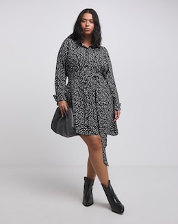 Star Print Long Sleeve Shirt Dress With Tie Belt