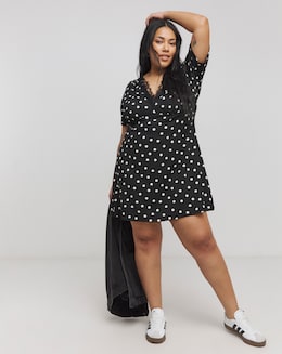 Spot Print Waffle Lace Trim Skater Dress