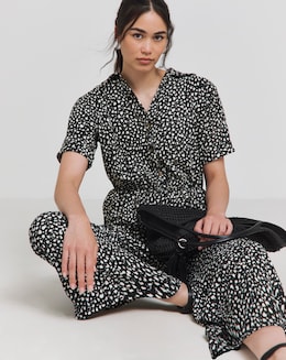 Black Printed Waffle Button Up Wide Leg Jumpsuit With Pockets