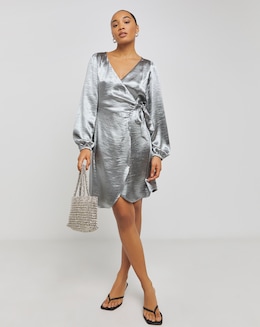 Grey Satin Tie Front Long Sleeve Dress