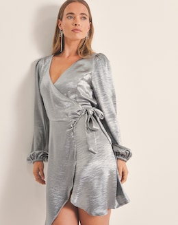 Grey Satin Tie Front Dress - Image
