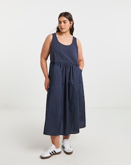 Navy Jersey Poplin Mix Apron Dress With Pockets