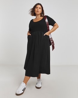 Black Jersey Poplin Mix Apron Dress With Pockets