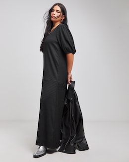 Black Textured Jersey Asymmetric Seam Maxi Dress