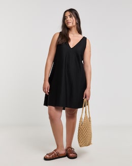Black Textured Jersey Smock Dress With Tie Back