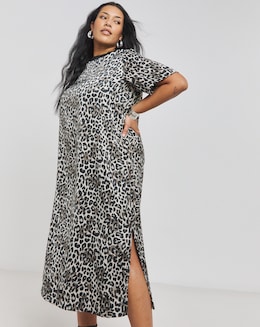 Leopard Print Satin Midi T-Shirt Dress