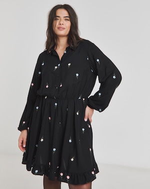 Black Floral Embroidered Shirt Dress - Image 1