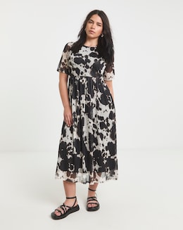 Black Cow Print Mesh Midi Dress