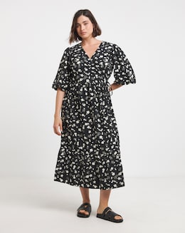 Ditsy Print Puff Sleeve Wrap Midi Dress