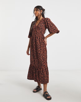 Animal Print Puff Sleeve Woven Wrap Midi Dress