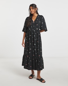 Ditsy Print Puff Sleeve Woven Wrap Midi Dress