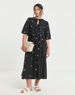 Black Embroidered Bow Front Midi Dress
