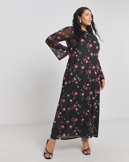 Star Printed Long Sleeve Scoop Back Mesh Maxi Dress