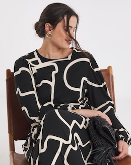 Black Print Supersoft Midi Dress With Tie Back Detail