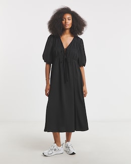 Black Tie Front Cinch Detail Midi Dress With Pockets