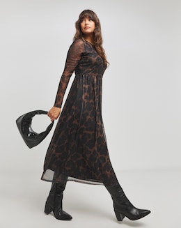 Leopard Print Long Sleeve Mesh Midi Dress
