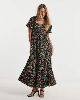 Fruit Print Square Neck Cotton Poplin Maxi Dress