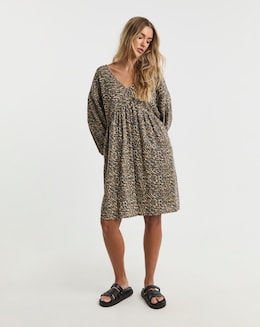 Animal Linen Blend Smock Dress With Pockets