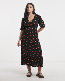Fruit Print Crinkle Wrap Midi Dress