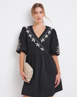 Black Embroidered Poplin Wrap Dress