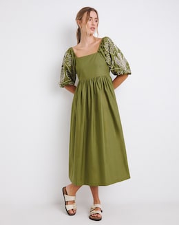 Khaki Embroidered Sleeve Midi Dress