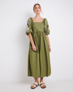 Khaki Embroidered Midi Dress - Image 1
