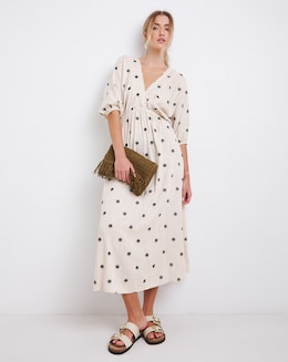 Natural Embroidered Floral Linen Blend Midi Dress