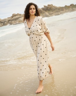 Natural Embroidered Floral Linen Blend Midi Dress