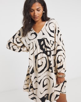 Mono Print Linen Blend Smock Dress With Pockets