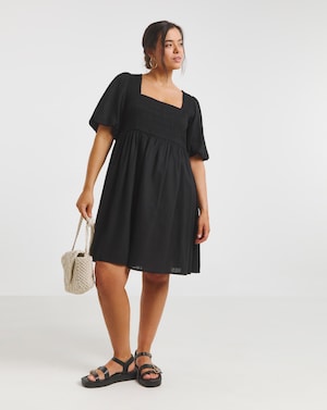 Black Linen Blend Shirred Skater Dress - Image 1