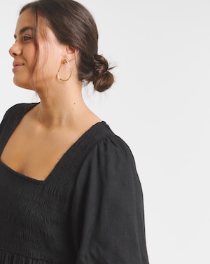 Black Linen Blend Shirred Skater Dress - Image 2