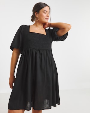 Black Linen Blend Shirred Skater Dress - Image 4