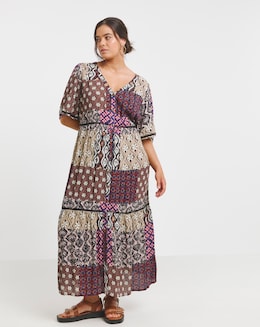 Mixed Print Crinkle Tiered Maxi Dress With Ladder Trim