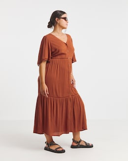 Rust Crinkle Tiered Maxi Dress with Ladder Trim