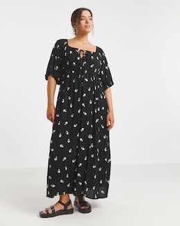 Black Print Crinkle Goddess Midi Dress