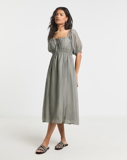 Sage Shirred Milkmaid Midi Dress