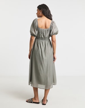 Sage Shirred Milkmaid Midi Dress - Image 3