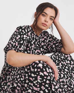 Black Print Supersoft Tiered Midi Dress