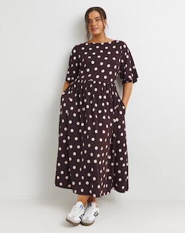 Spot Print Supersoft Boat Neck Pocket Midi Dress